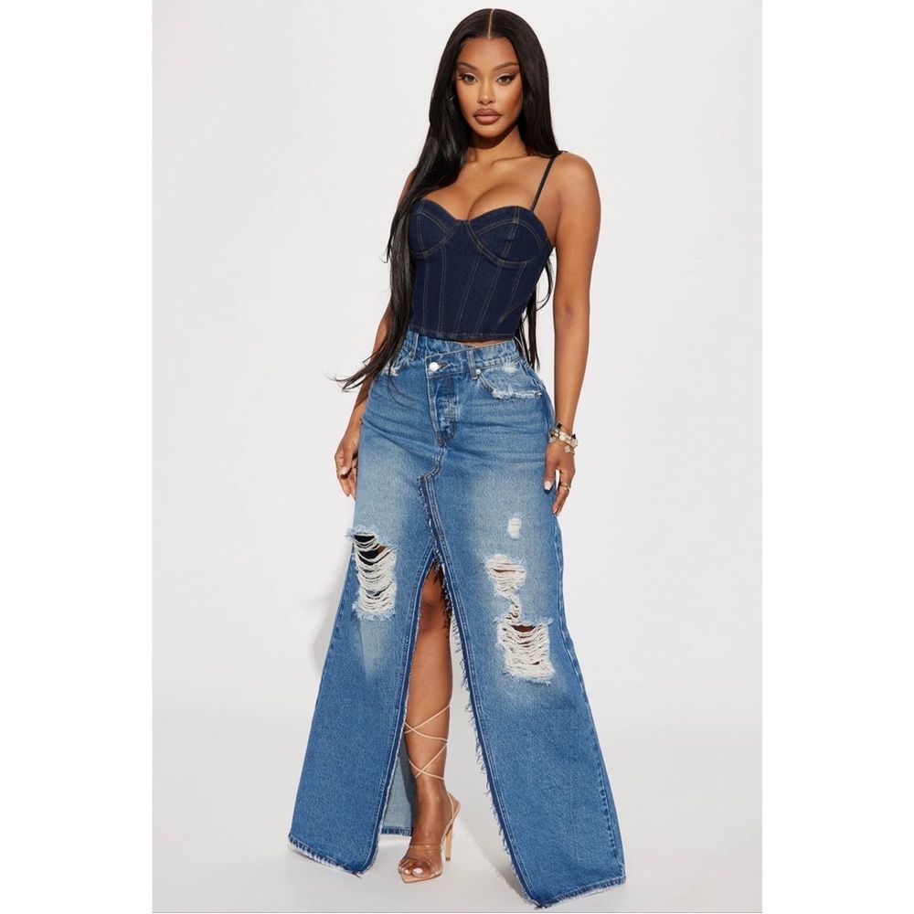 Denim Front and Back Split Skirt